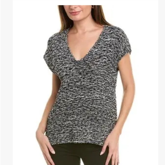 St. John Black and White Knit V-Neck Pullover Short Sleeve Sweater XL New - Picture 1 of 12
